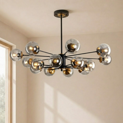 Lampadario sputnik nero mid century con globi in vetro fumé