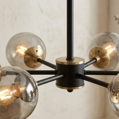 Lampadario sputnik nero mid century con globi in vetro fumé