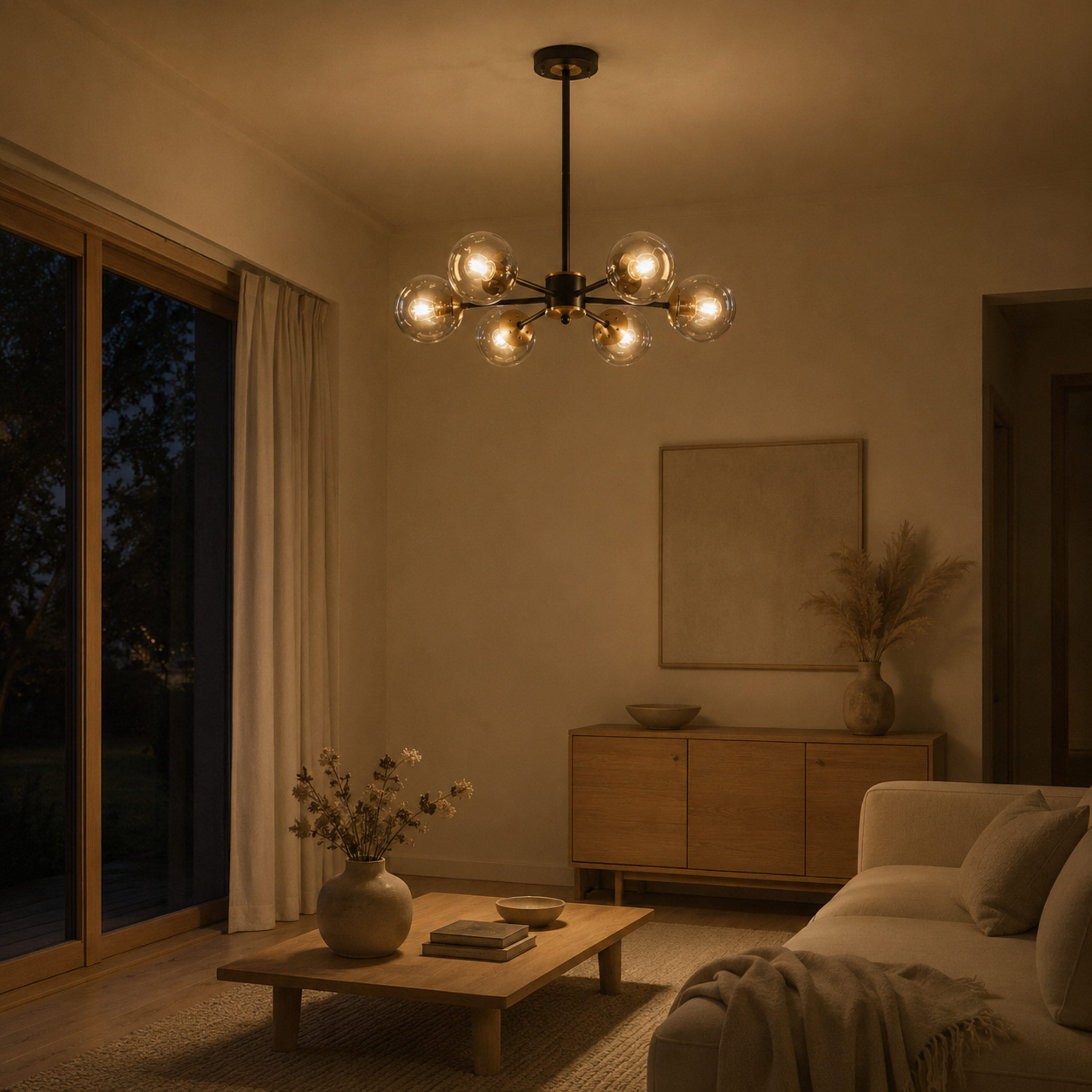 Lampadario sputnik nero mid century con globi in vetro fumé