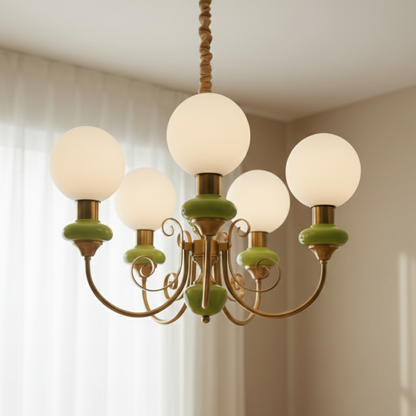 Lampadario vintage in onice verde e oro con globi opalini