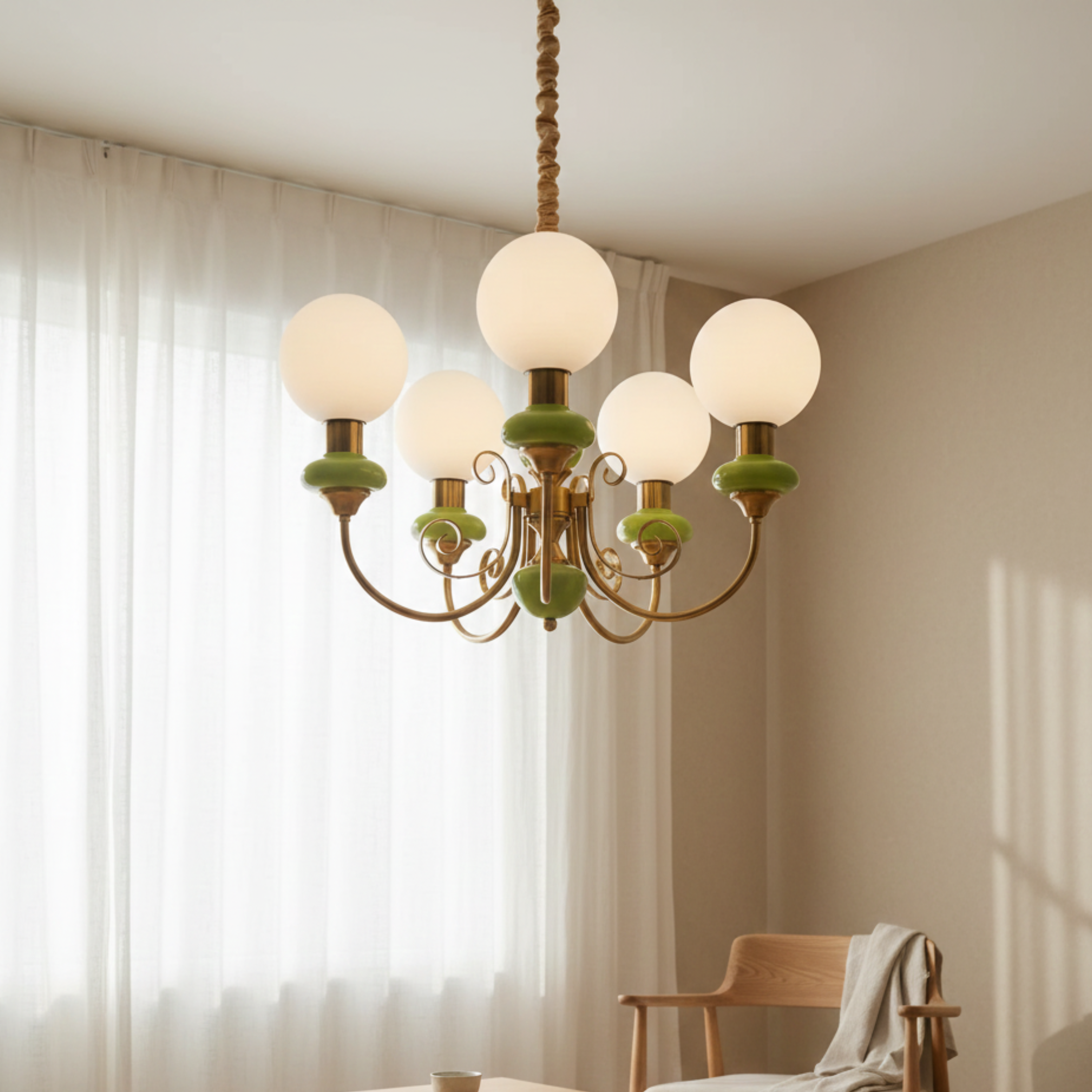 Lampadario vintage in onice verde e oro con globi opalini
