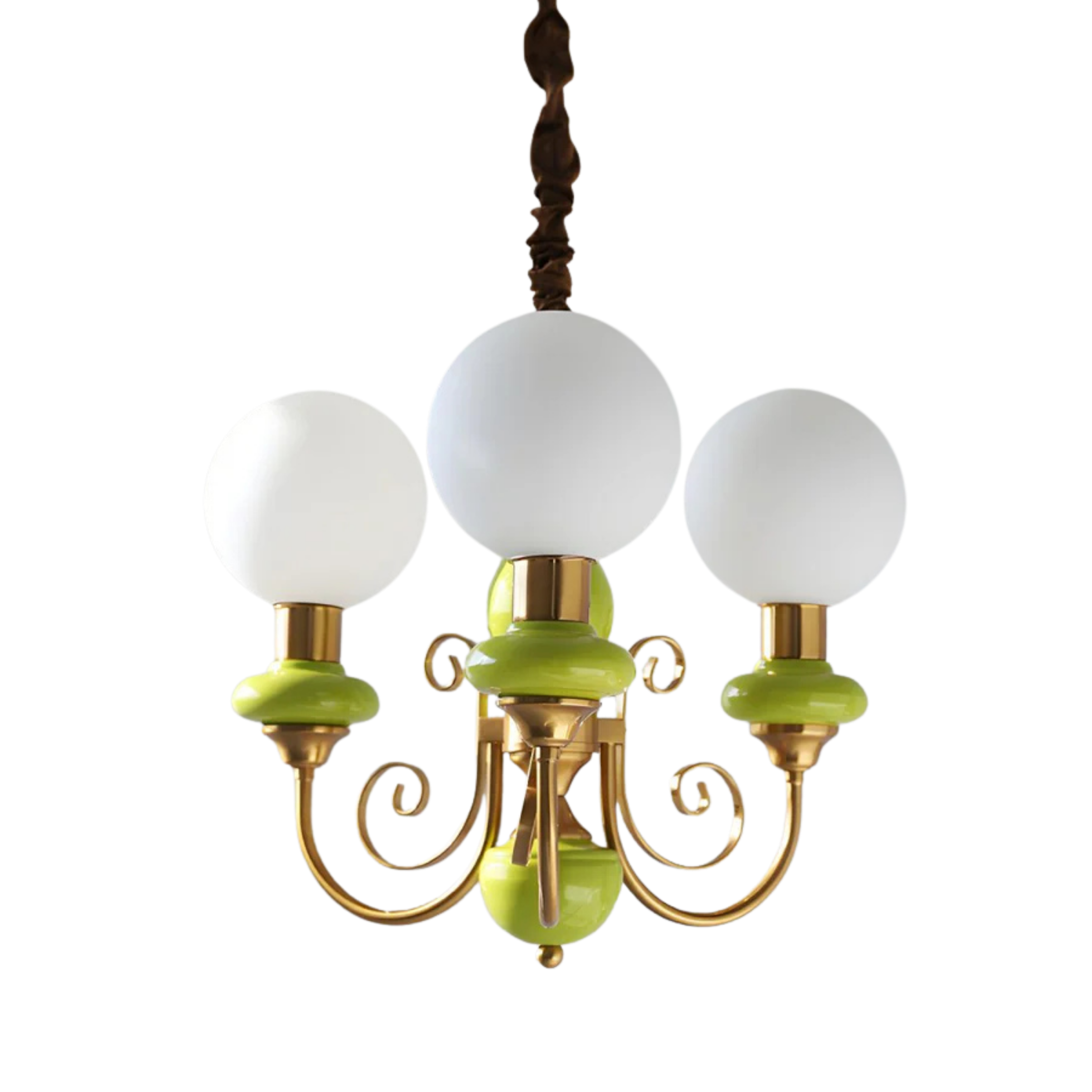 Lampadario vintage in onice verde e oro con globi opalini