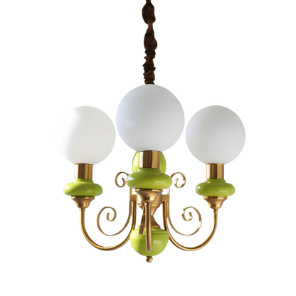 Lampadario vintage in onice verde e oro con globi opalini