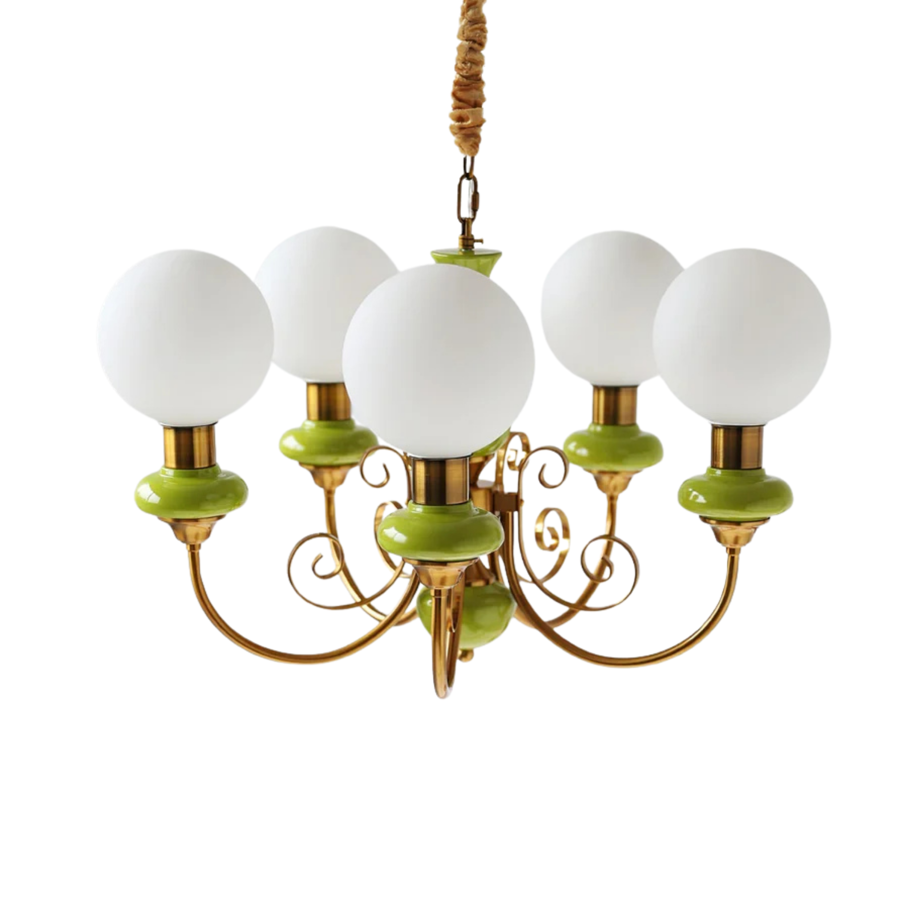 Lampadario vintage in onice verde e oro con globi opalini