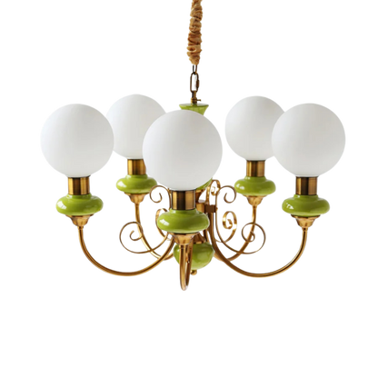 Lampadario vintage in onice verde e oro con globi opalini