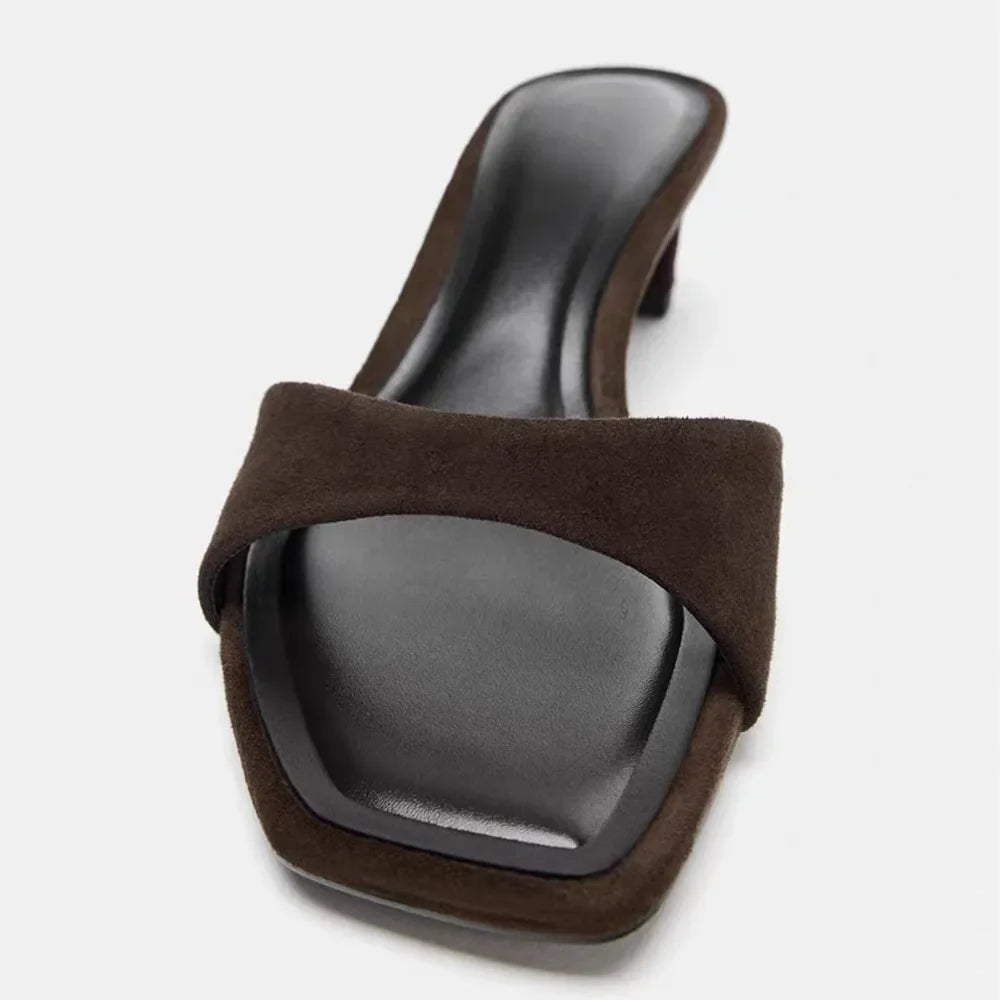 Leopolda mules donna con tacco basso e punta quadrata in similcamoscio, foto 5