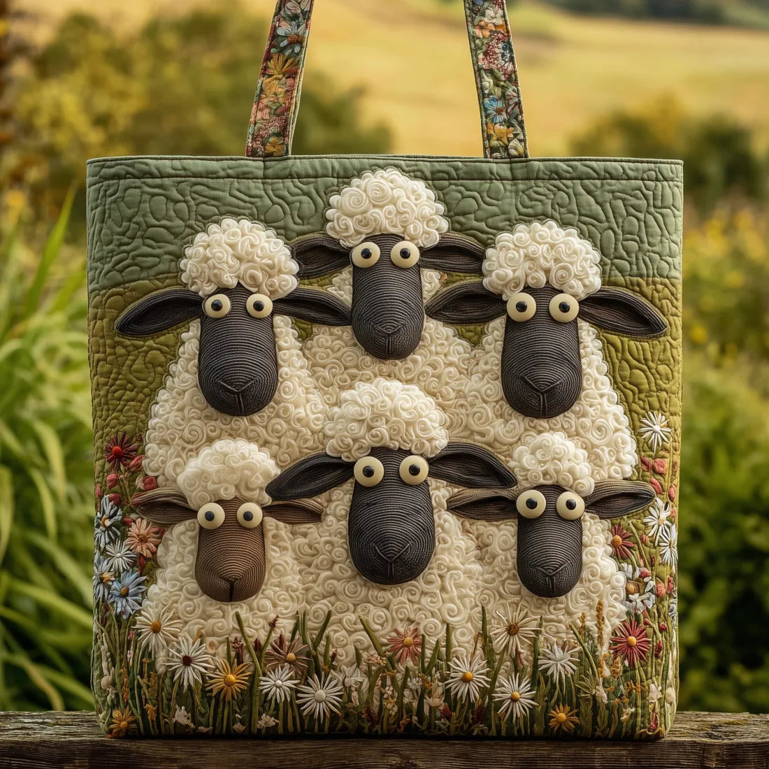 Margherita borsa shopper donna trapuntata con motivo a pecore e fiori, foto 1