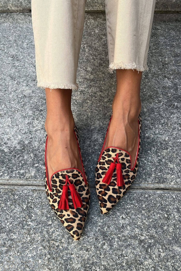 Nilde mocassini donna a punta con stampa leopardata e nappine, foto 1