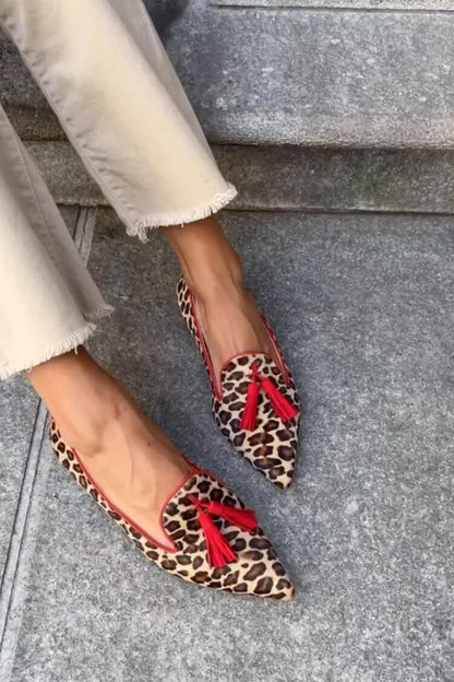 Nilde mocassini donna a punta con stampa leopardata e nappine, foto 2
