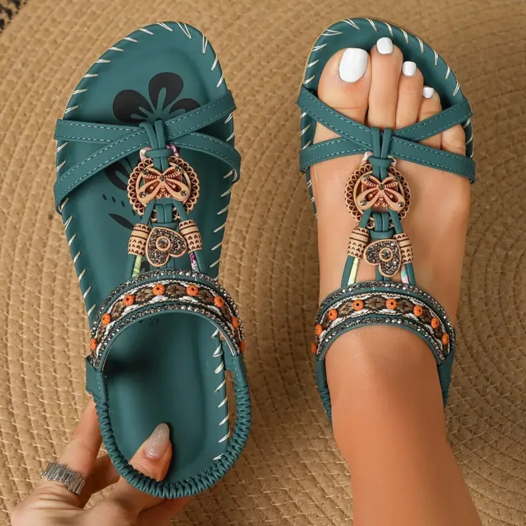 Oretta sandali donna bassi a t con cinturino elastico e decorazioni, foto 1