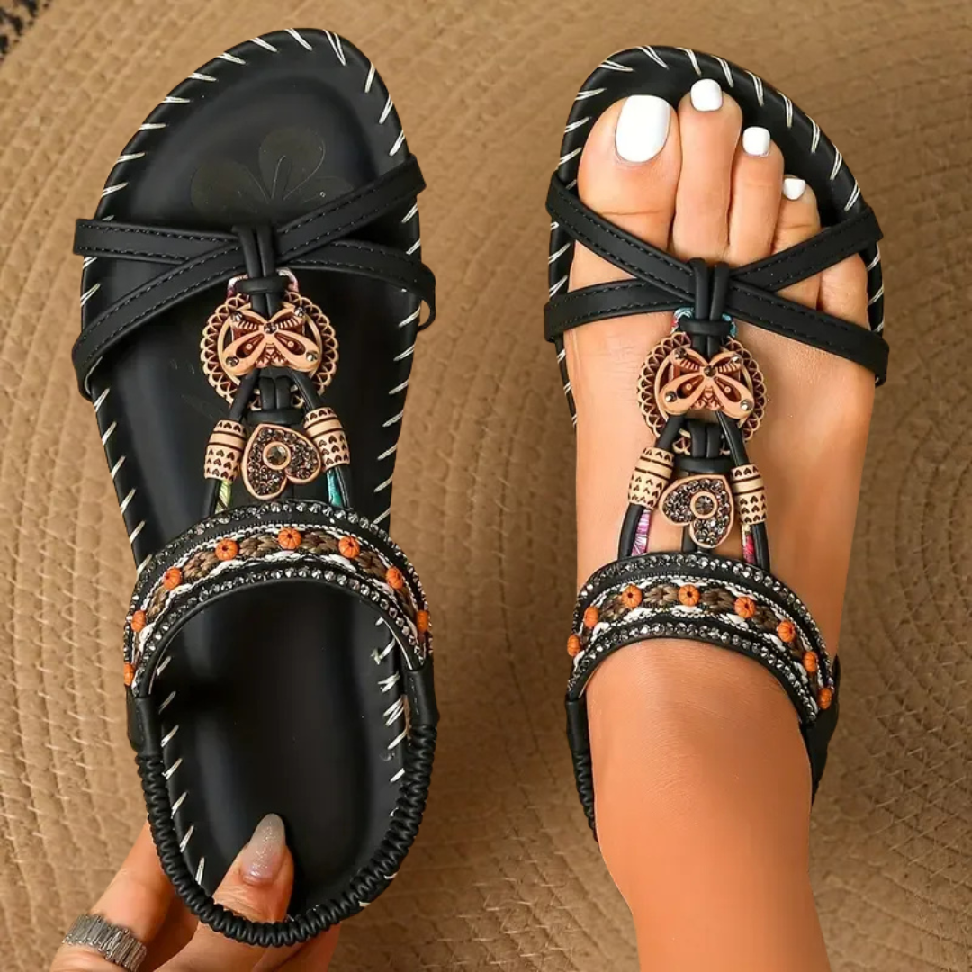 Oretta sandali donna bassi a t con cinturino elastico e decorazioni, foto 3