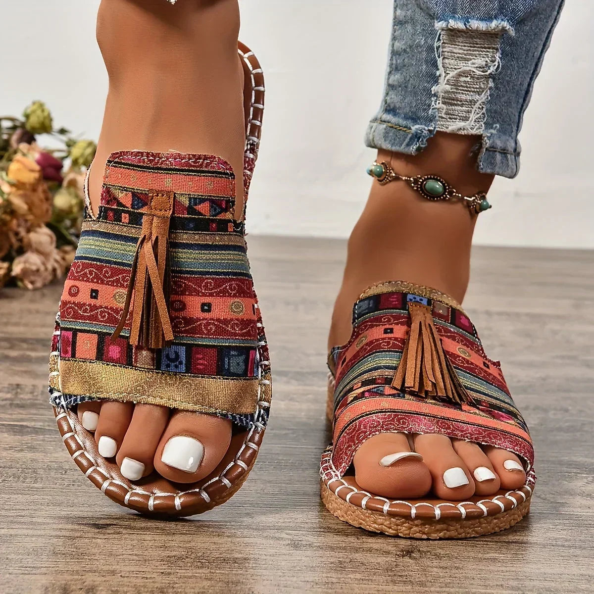 Palma sandali donna bassi con fascia stampata e nappina, foto 1