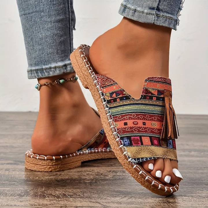Palma sandali donna bassi con fascia stampata e nappina, foto 6