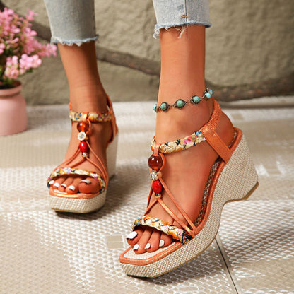 Penelope sandali donna con zeppa intrecciata e fasce decorate, foto 5