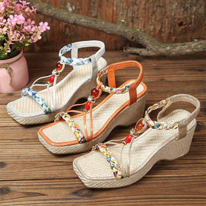 Penelope sandali donna con zeppa intrecciata e fasce decorate, foto 6