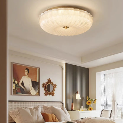 Plafoniera a soffitto a cupola in vetro rigato ambra smerlato e scanalato