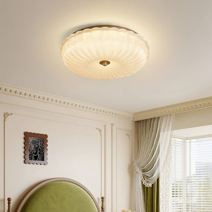 Plafoniera a soffitto a cupola in vetro rigato ambra smerlato e scanalato
