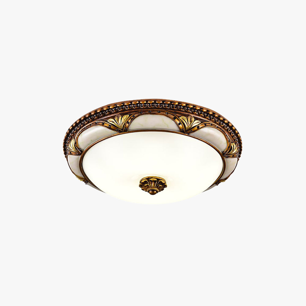 Plafoniera a soffitto in ottone anticato con cupola in vetro satinato, floreale vintage retrò