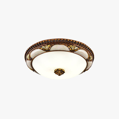 Plafoniera a soffitto in ottone anticato con cupola in vetro satinato, floreale vintage retrò