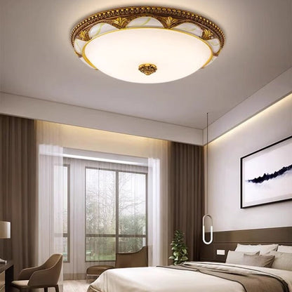 Plafoniera a soffitto in ottone anticato con cupola in vetro satinato, floreale vintage retrò