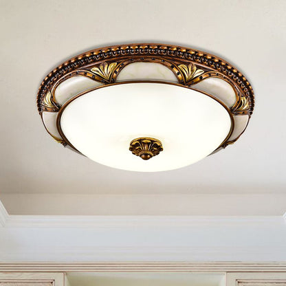 Plafoniera a soffitto in ottone anticato con cupola in vetro satinato, floreale vintage retrò