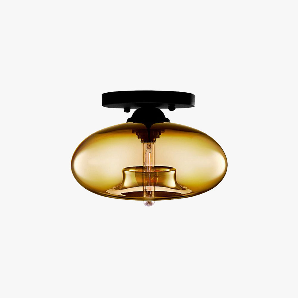 Plafoniera a soffitto ovale in vetro colorato con struttura in metallo nero art deco