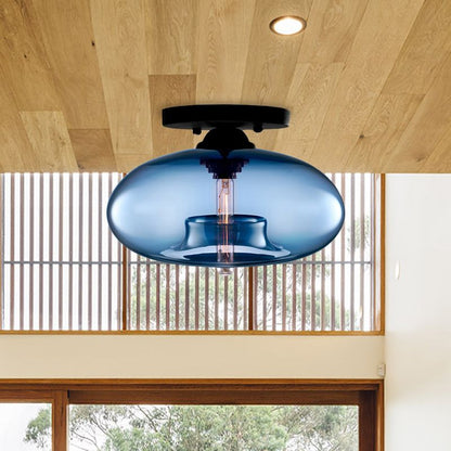 Plafoniera a soffitto ovale in vetro colorato con struttura in metallo nero art deco
