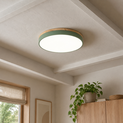 Plafoniera a soffitto rotonda con bordo in legno