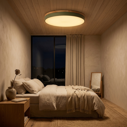 Plafoniera a soffitto rotonda con bordo in legno