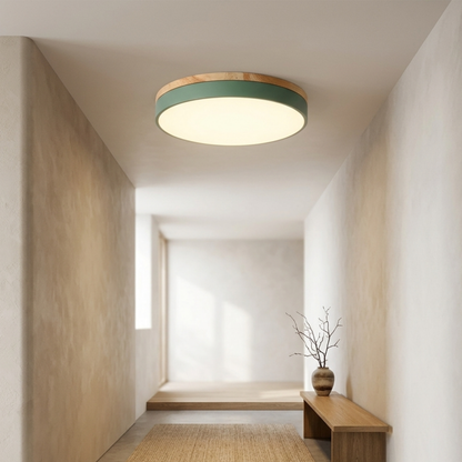 Plafoniera a soffitto rotonda con bordo in legno