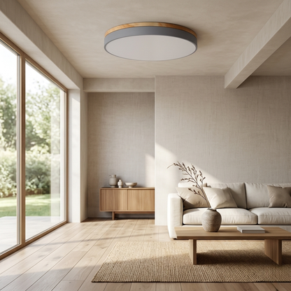 Plafoniera a soffitto rotonda con bordo in legno