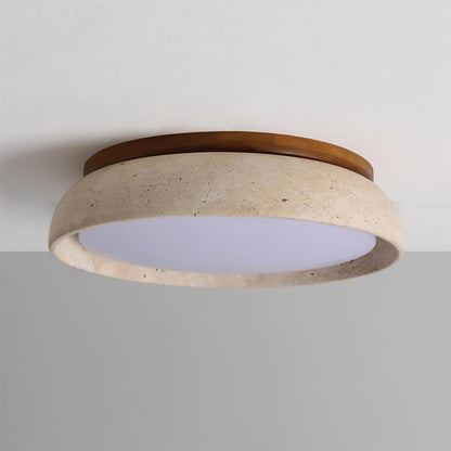 Plafoniera a soffitto rotonda in travertino e legno stile japandi wabi sabi