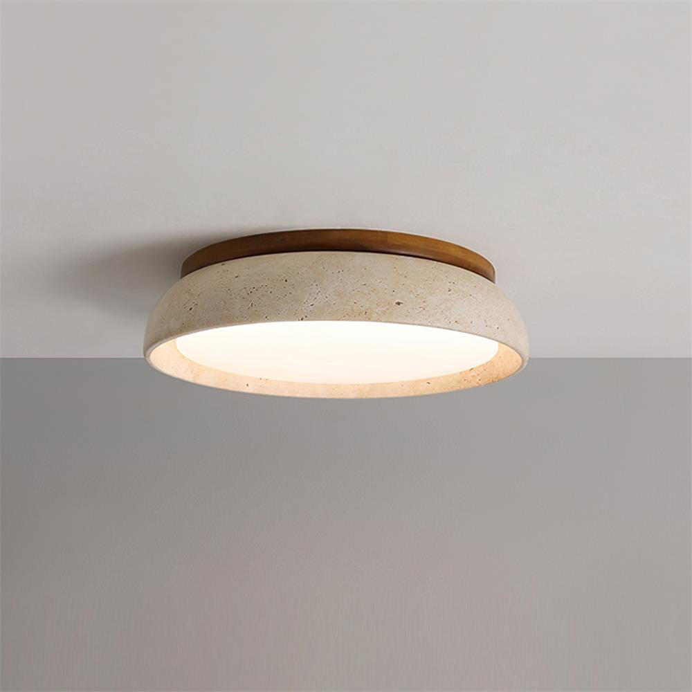 Plafoniera a soffitto rotonda in travertino e legno stile japandi wabi sabi