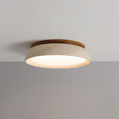 Plafoniera a soffitto rotonda in travertino e legno stile japandi wabi sabi