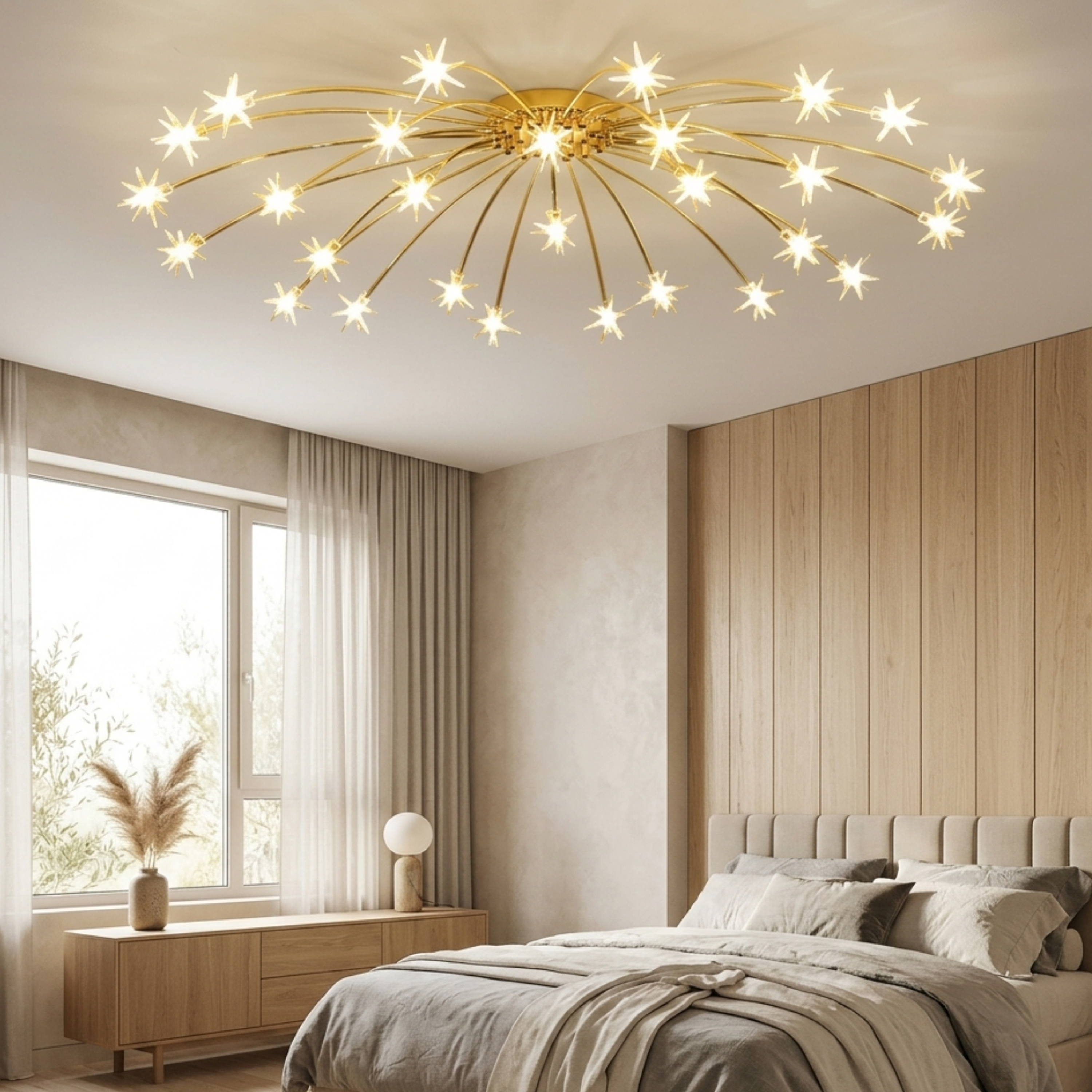 Plafoniera LED art deco sputnik a raggiera con punti luce a forma di stella