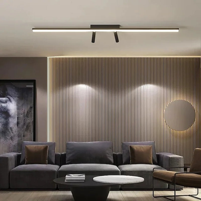 Plafoniera LED lineare nera a soffitto con faretti orientabili, stile minimalista