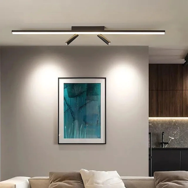 Plafoniera LED lineare nera a soffitto con faretti orientabili, stile minimalista