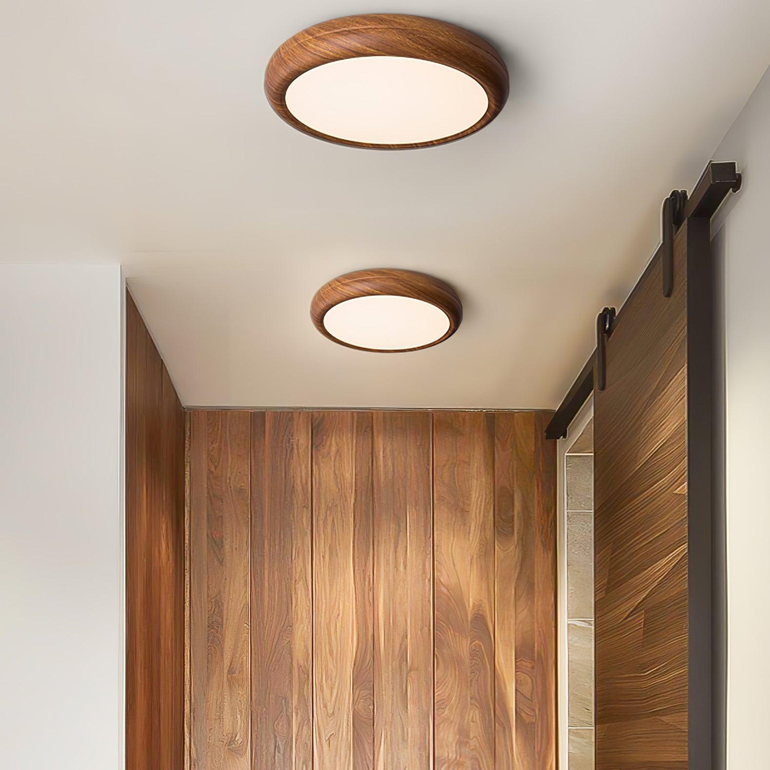 Plafoniera LED rotonda a soffitto con venatura del legno, stile japandi e scandinavo