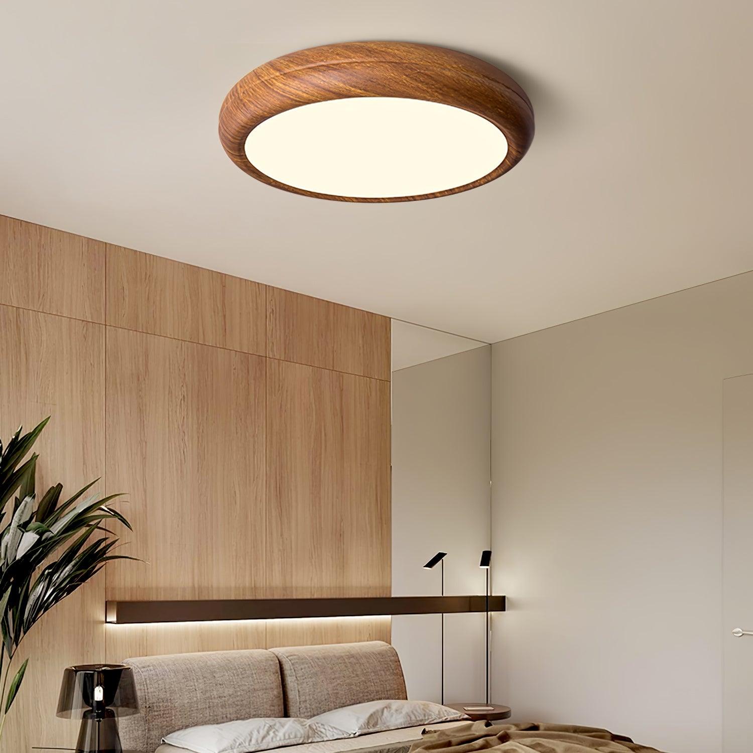 Plafoniera LED rotonda a soffitto con venatura del legno, stile japandi e scandinavo