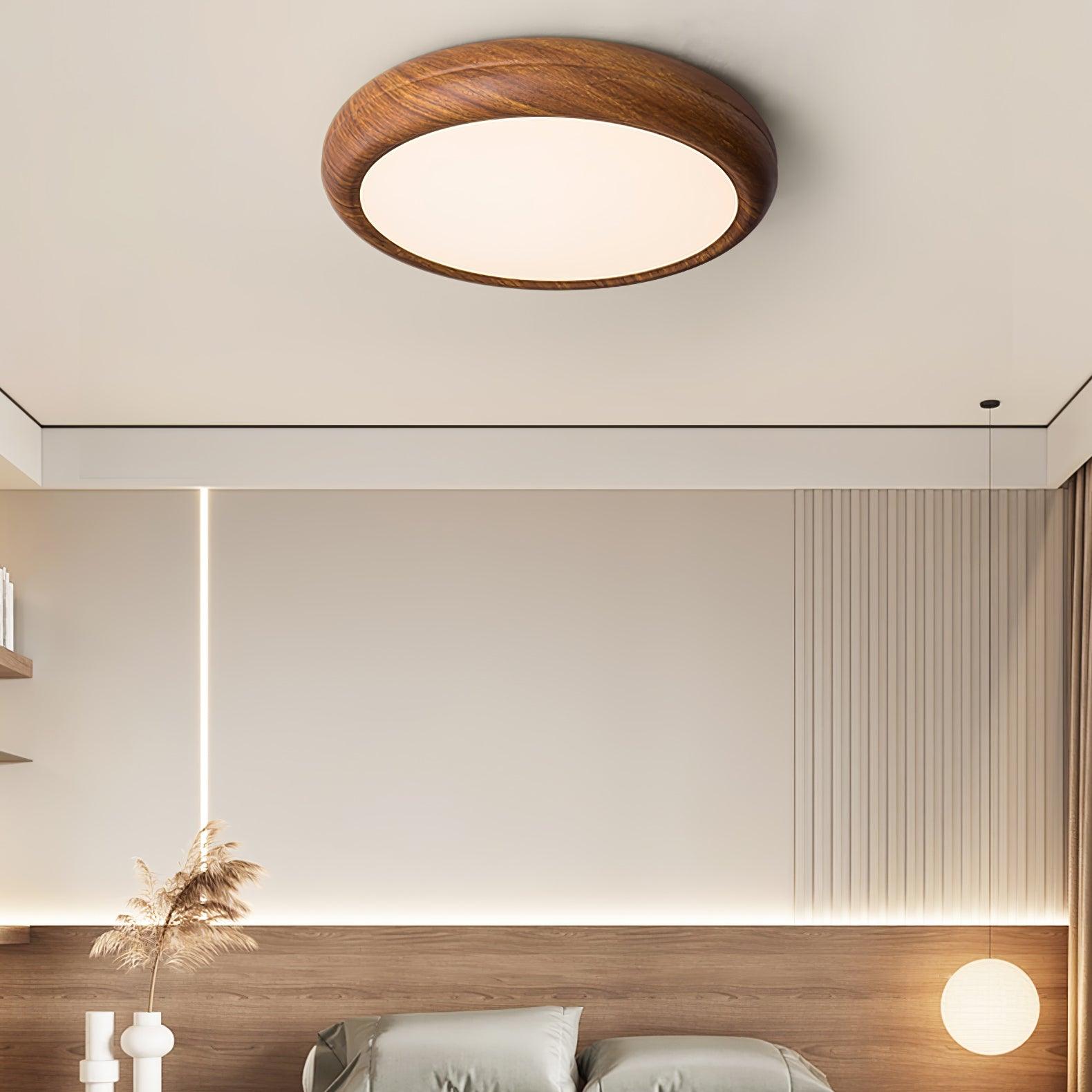 Plafoniera LED rotonda a soffitto con venatura del legno, stile japandi e scandinavo