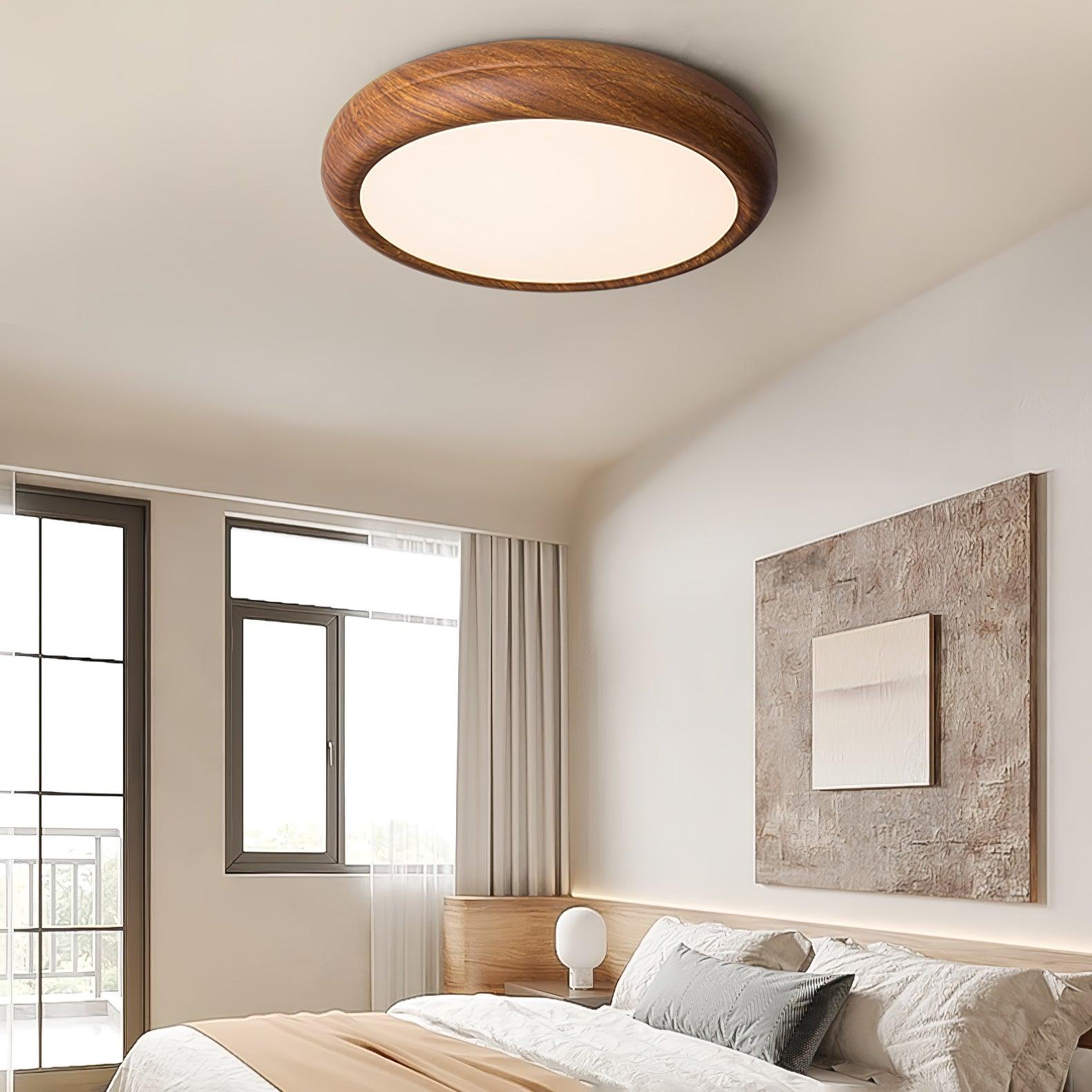 Plafoniera LED rotonda a soffitto con venatura del legno, stile japandi e scandinavo