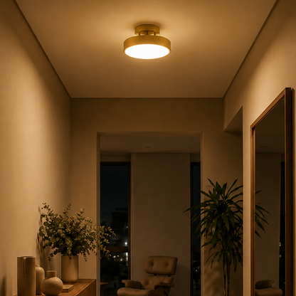 Plafoniera LED rotonda a soffitto in tonalità legno, tre colori commutabili