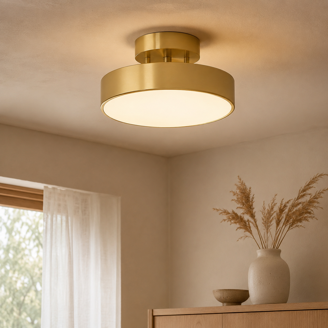 Plafoniera LED rotonda a soffitto in tonalità legno, tre colori commutabili