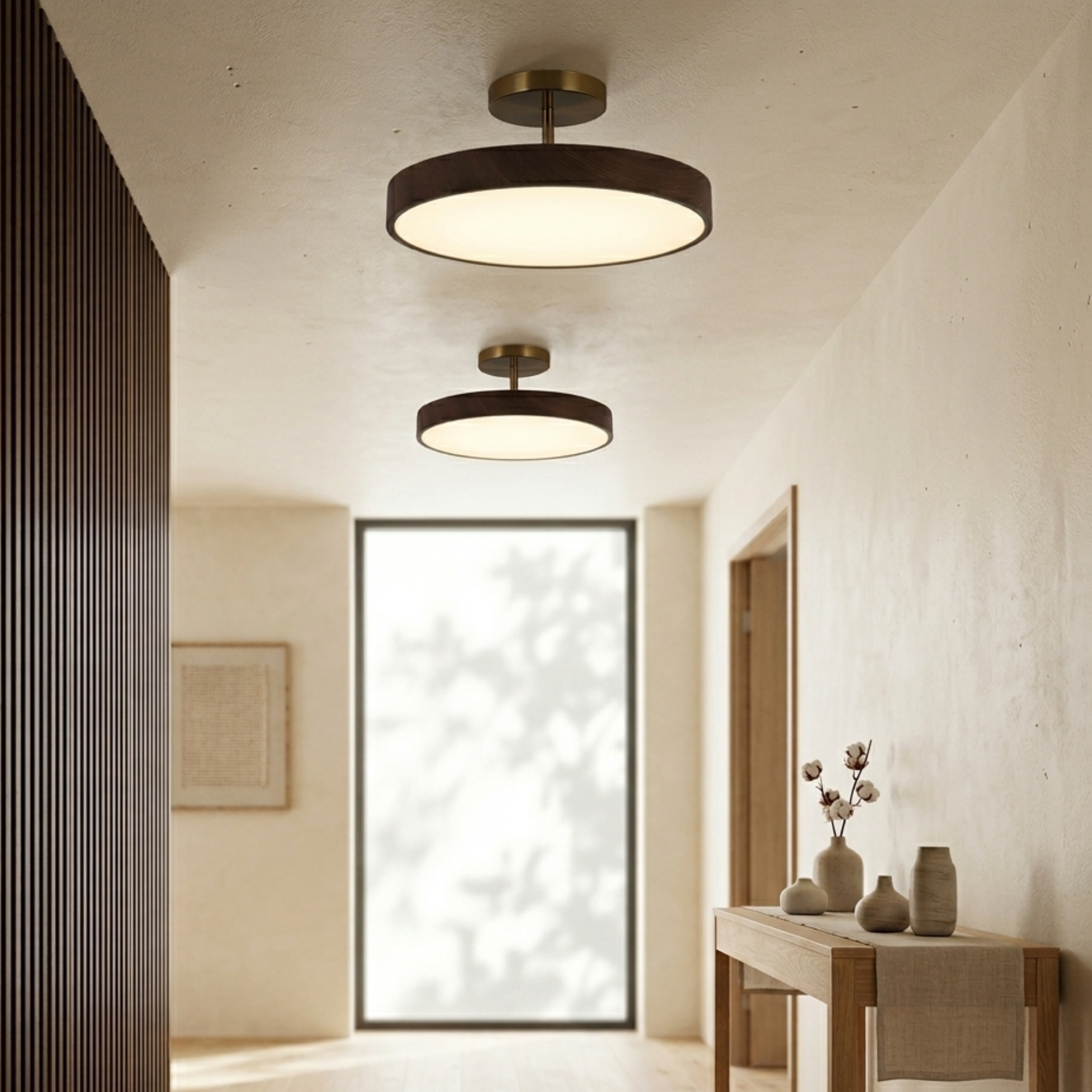 Plafoniera LED rotonda con venatura del legno