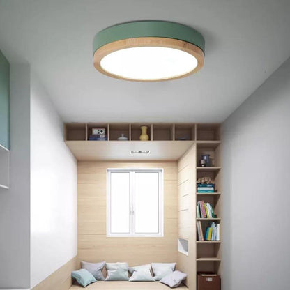 Plafoniera LED rotonda in legno verde a soffitto nordica scandinava