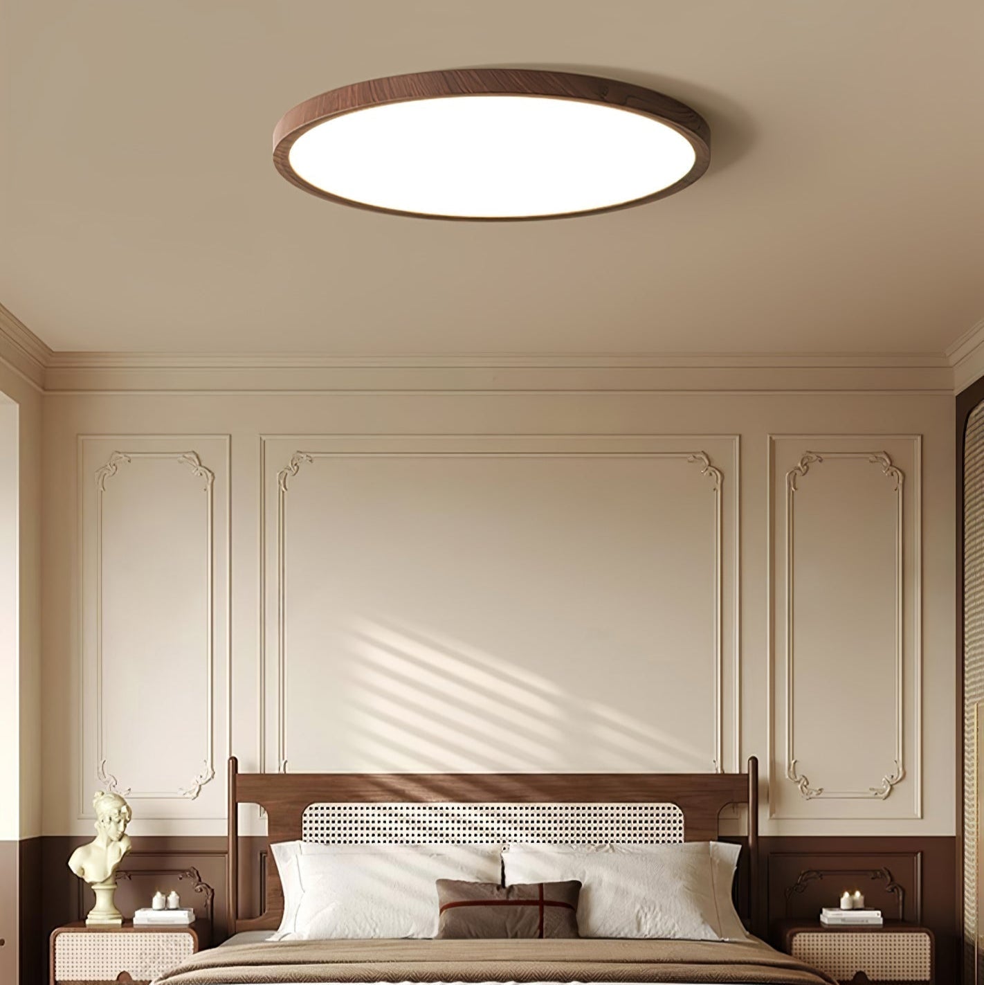 Plafoniera LED rotonda ultrasottile effetto legno noce, dimmerabile