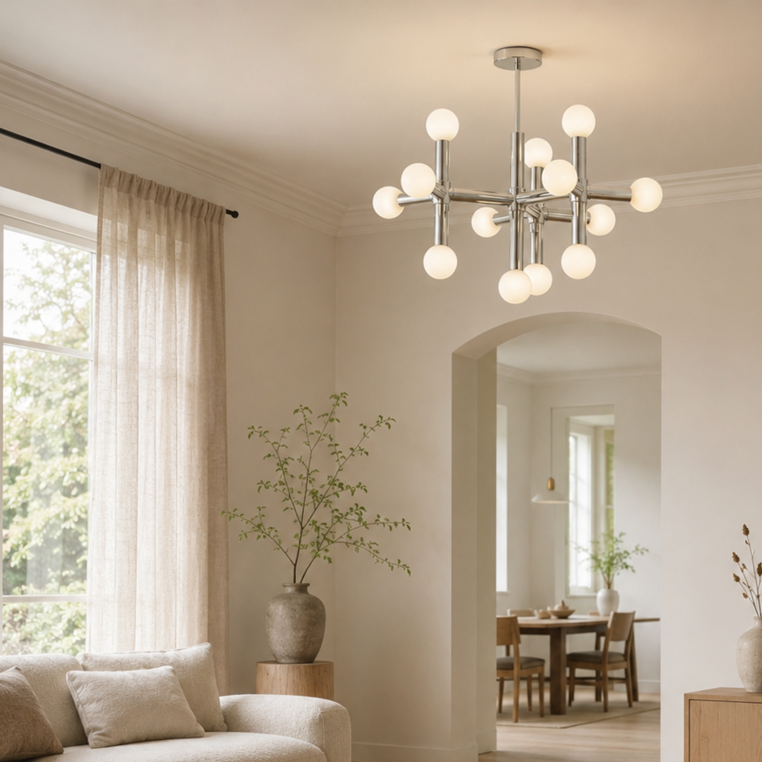 Plafoniera LED scandinava cromata a più bracci con globi in vetro opalino