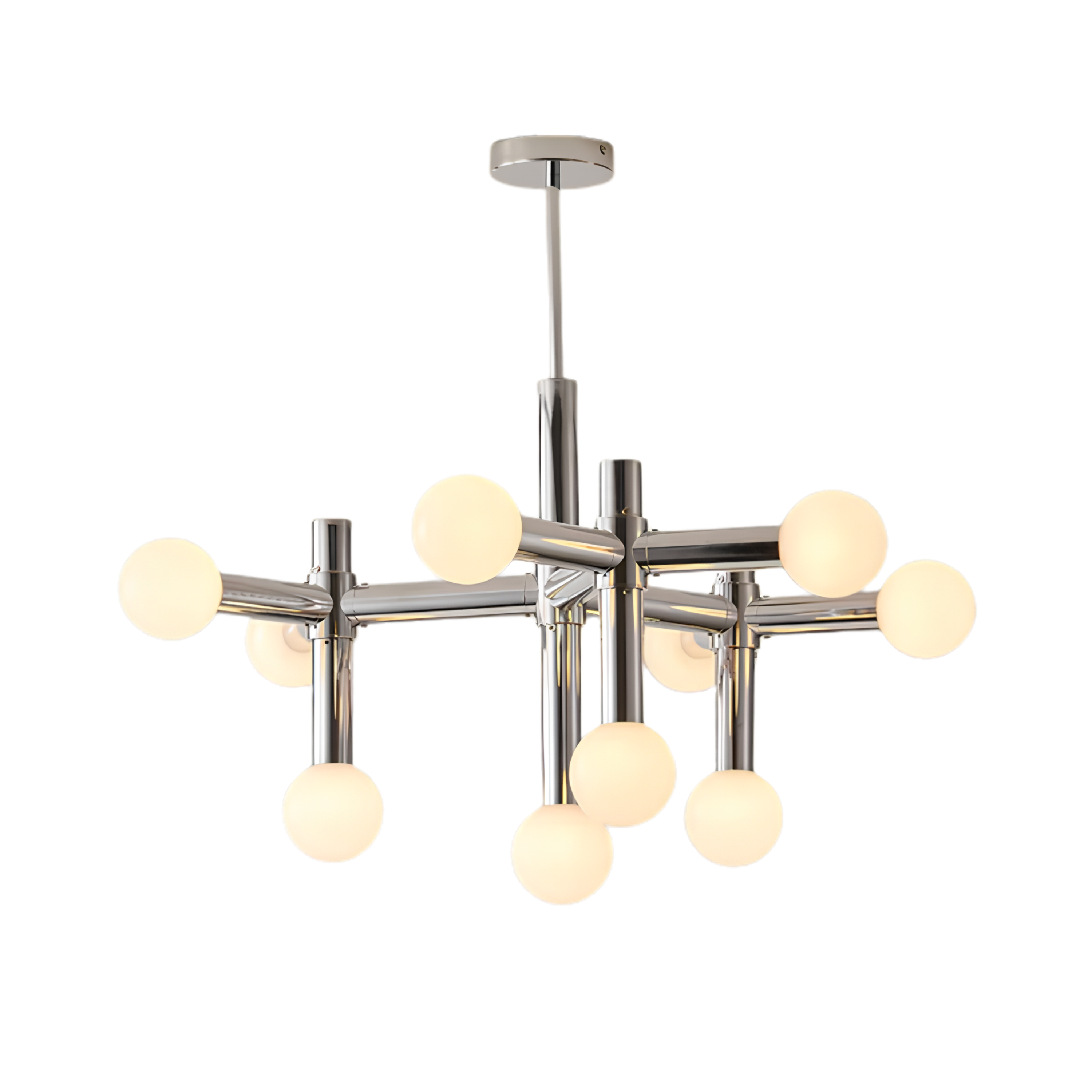 Plafoniera LED scandinava cromata a più bracci con globi in vetro opalino