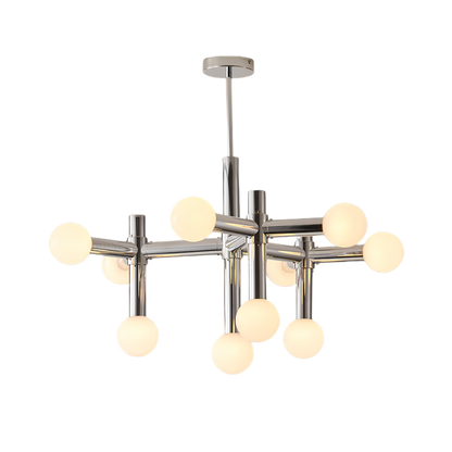 Plafoniera LED scandinava cromata a più bracci con globi in vetro opalino
