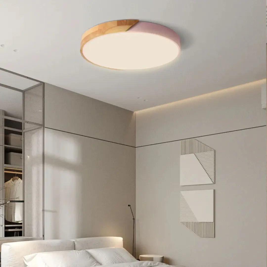 Plafoniera LED scandinava in legno a soffitto, pannello rotondo sottile
